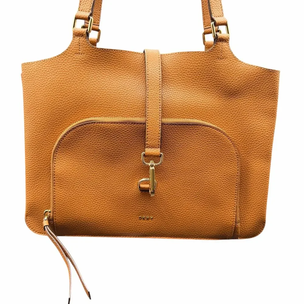 DKNY Tan Pebbled Leather Tote Bag w/ Zip Divider & Gold Hardware